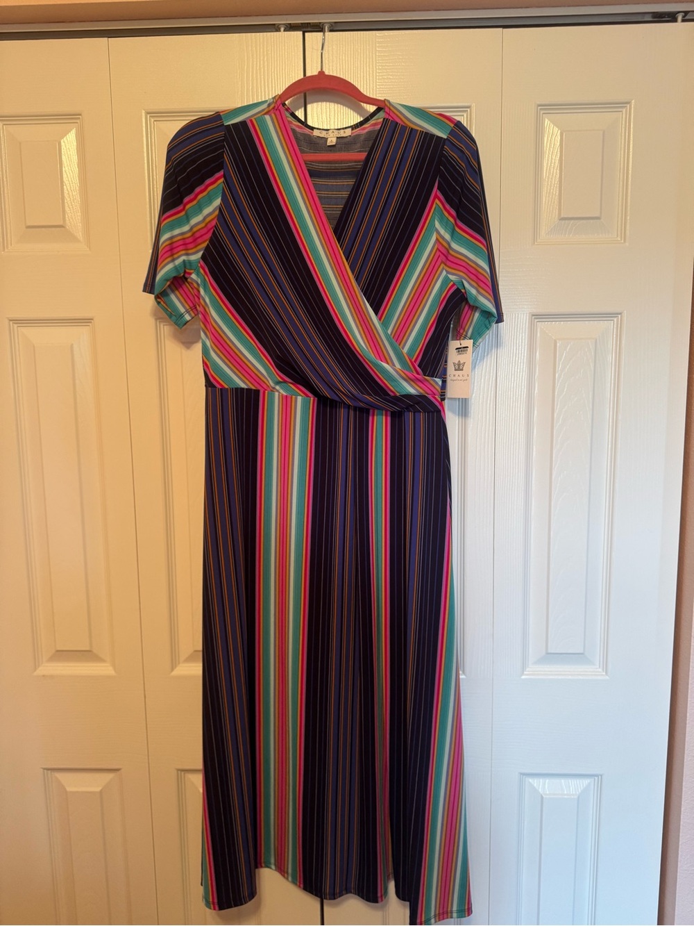 Chaus Navy, Teal & Pink Striped Wrap-Style Maxi Dress